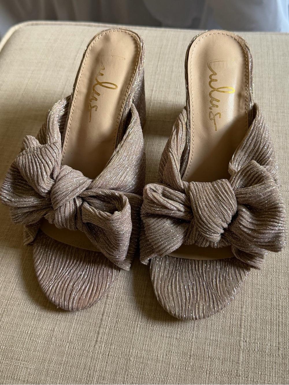 Lulu's Shimmery Taupe Knot Slide Mules
